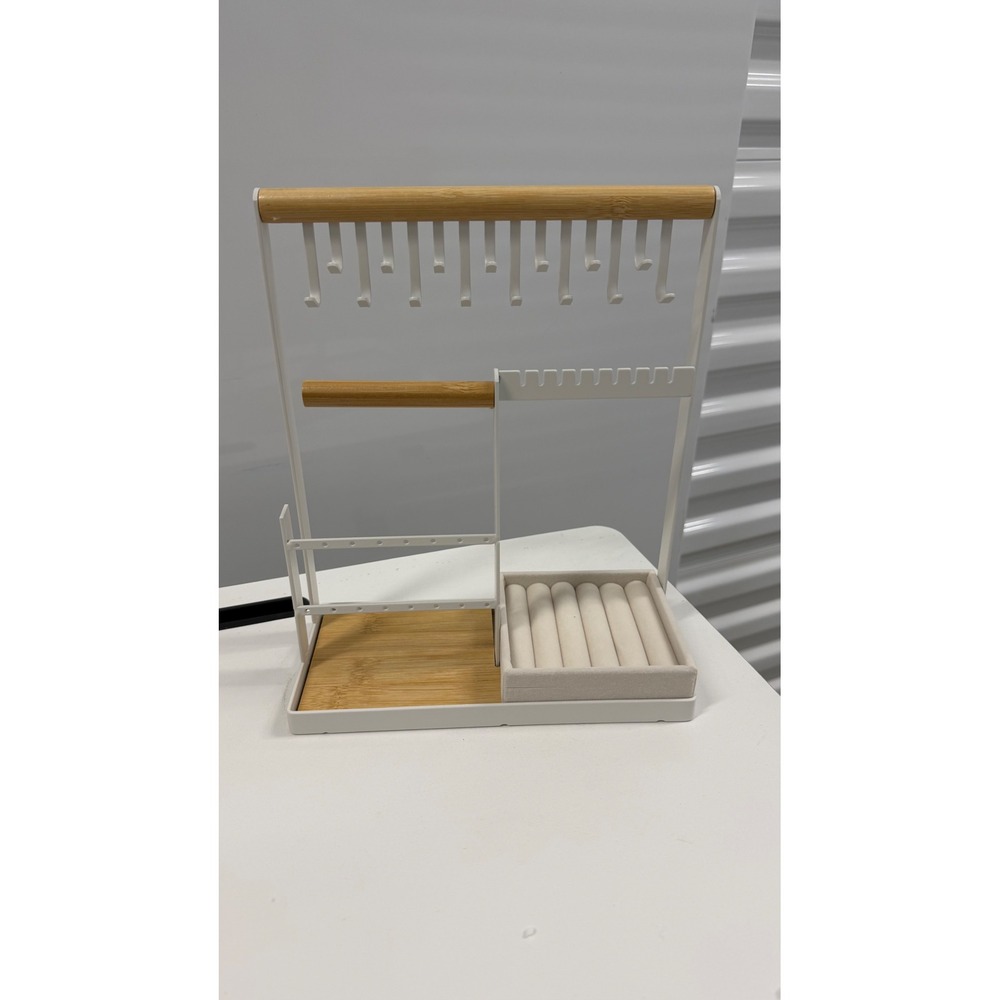 White Metal and Bamboo Jewelry Stand Organizer Necklace Holder Ring Tray